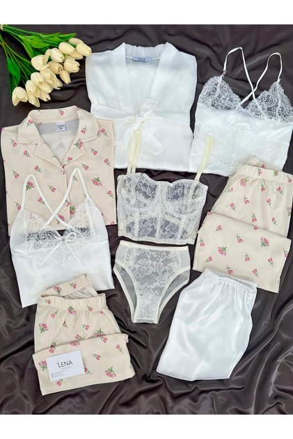 Ecru Müberra Satin Boxed 9 Piece Giant Pajamas Nightgown Underwear Dowry Set