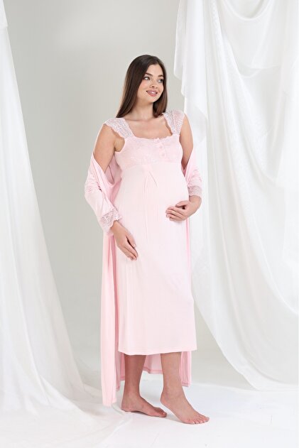 Pregnant Nightgown Morning Set with Viscos and Lace