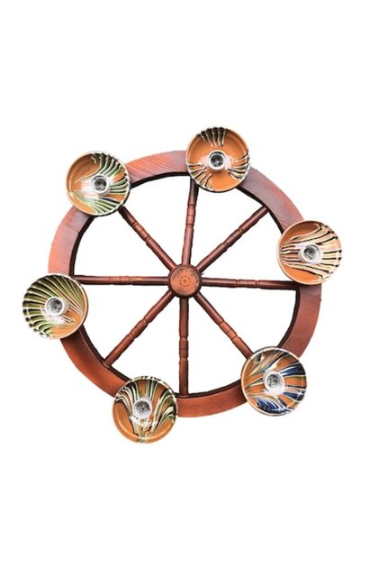 Candelabru cu roată din lemn, complet, 6 *e27, plăci ceramice