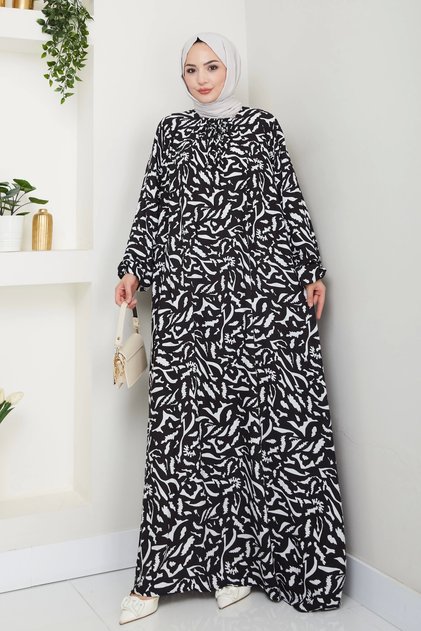 Large Size Viscose Mother's Dress with Elastic Front, Black