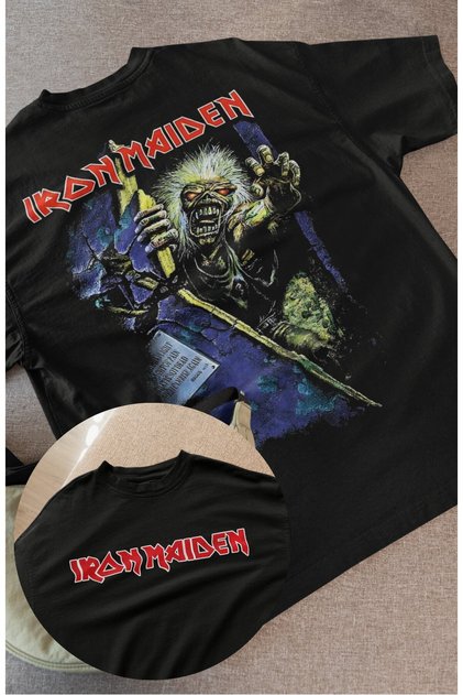 Μπλουζάκι με στάμπα στην πλάτη Iron Maiden Oversize, μπλουζάκι με θέμα Unisex Rock Band Crew Neck