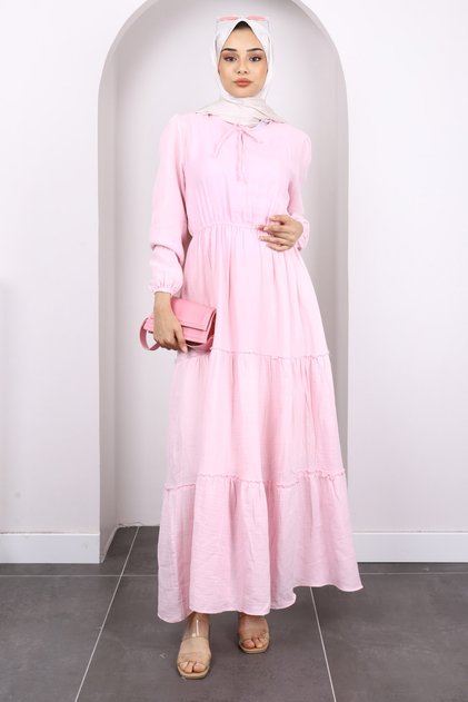 Toz Pembe Yaka Bağlamalı Eteği Katlı Muslin Elbise