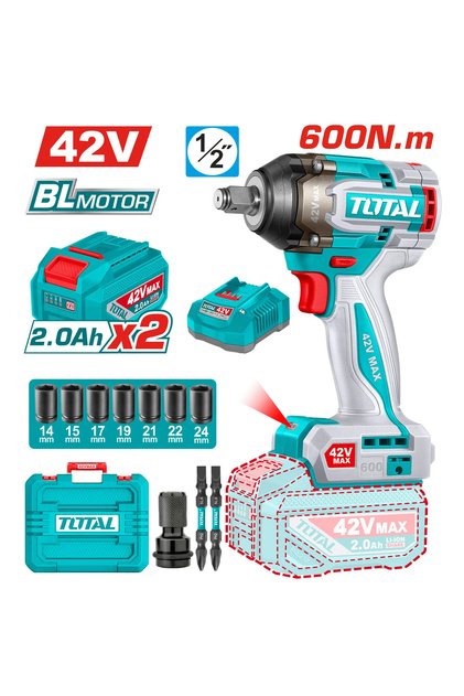 Total Tiwli42602 42v 600n.m Cordless Impact Drill with Plastic Bag, Extra Battery and Charger