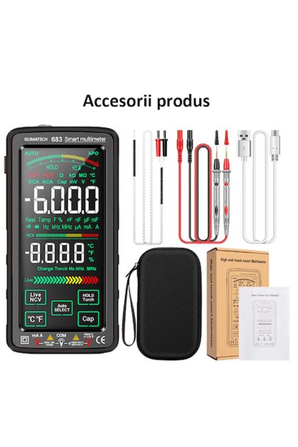 Multimetru digital inteligent cu ecran tactil, măsurare automată, încărcare USB, lanternă integrată, negru
