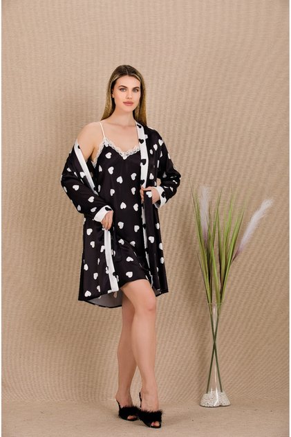 Heart Patterned Black Satin Nightgown Dress Set