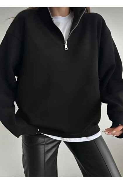 Unisex Black Stand Collar Zippered Pullover Sweatshirt