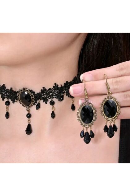 Gothic Modern Black Lace Choker Necklace Earring Set