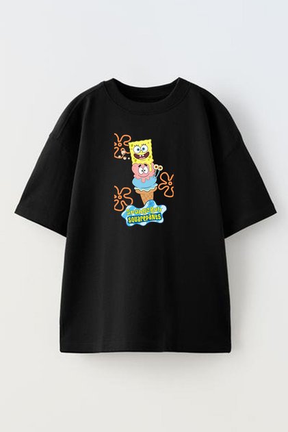 Unisex Black Oversize Cotton Spongebob Square Printed Knitted T-Shirt