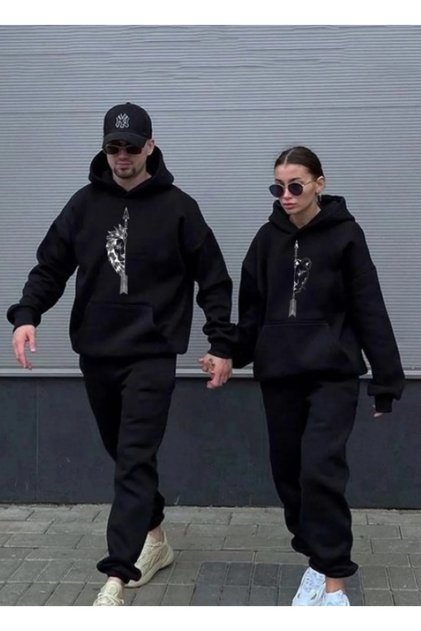 4-Piece Black Unisex Couple Lover Combination Printed Tracksuit Jogger and Sweatshirt Sets