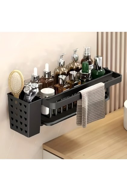 Wall-Mounted Metal Shower and Sink Caddy with Removable Holder, Drain Tray, Towel Holder and Hooks