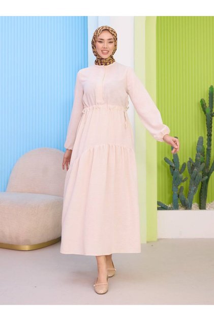 Belly Tie Linen Dress - Cream- Sahra Butik