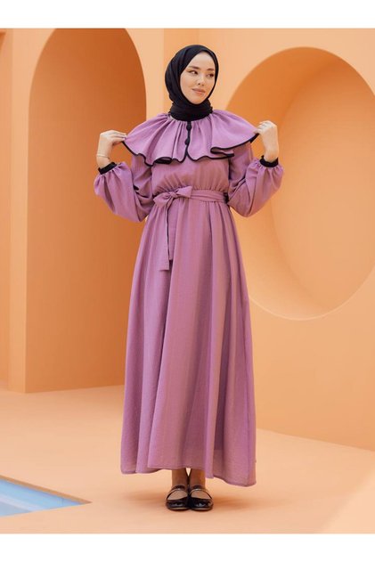 Peerlined Tettured Dress - Lilac - Sahra Butik