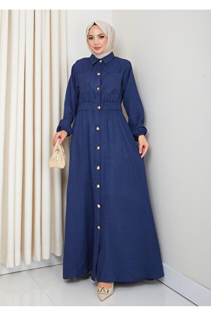 Women's Pocket Detailed Buttoned Belted Navy Linen Dress
