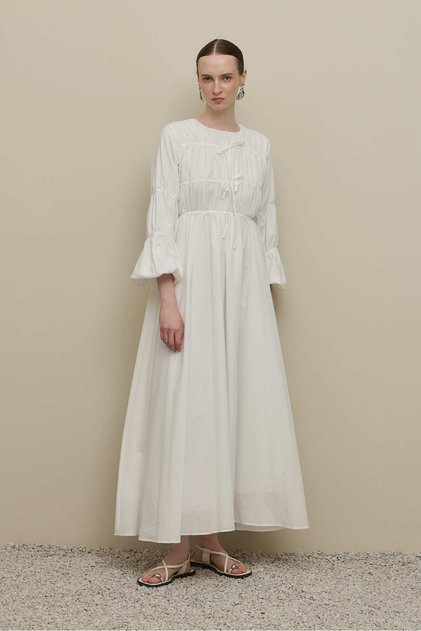 Drawstring Detailed Piping Tied Dress Ecru