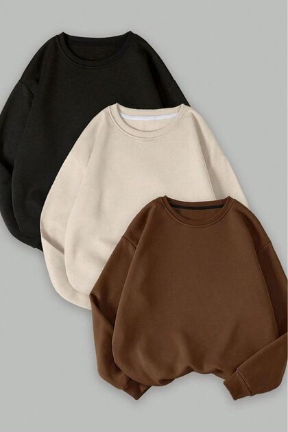 Kadın Siyah Bej Kahverengi 3 Iplik Düz Bisiklet Yaka 3lü Sweatshirt Set