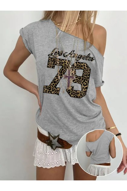 Damen-T-Shirt mit Leopardenmuster „Los Angeles 79“ und schulterfreiem Bootsausschnitt
