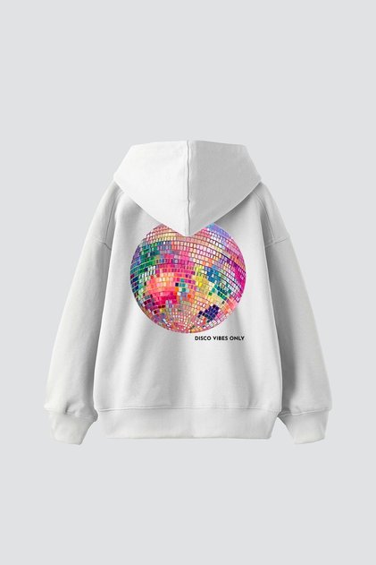 Disco Vibes Only Printed Oversize Unisex White Hoodie