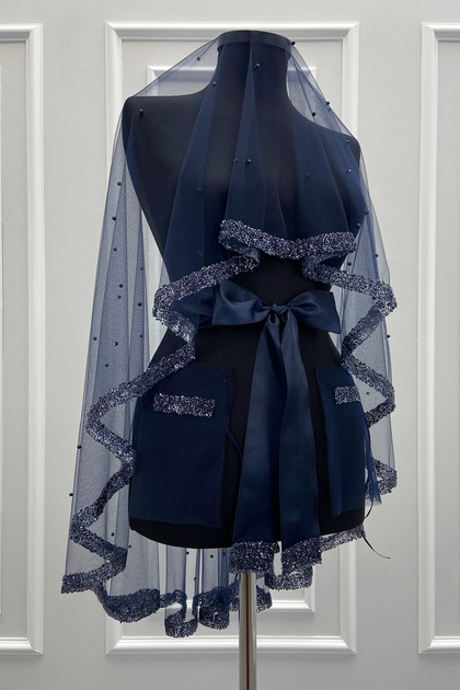 Navy Blue Bridal Veil Set, Glass Beads and Pearls, Henna Night Veil Face Cover Set 6 Pieces