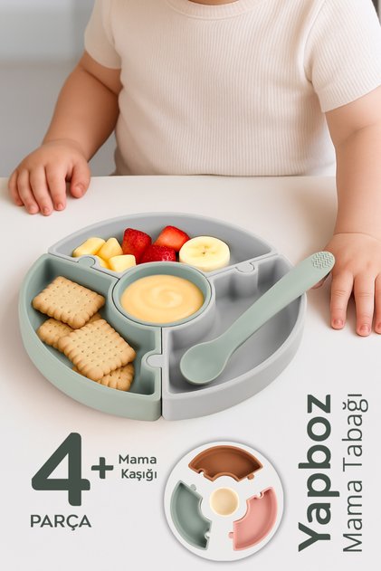 Puzzle Food Plate Spoon Set - Silicone Vacuum Bottom Puzzle Food Plate Silicone Spoon - Gray Green