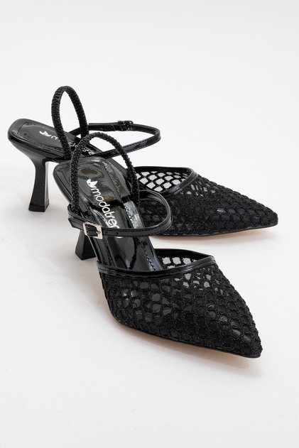 Women's Mesh Heeled Shoes with Elastic Back Black Patent Leather