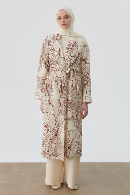 Floral Desenli Keten Trençkot - Bej
