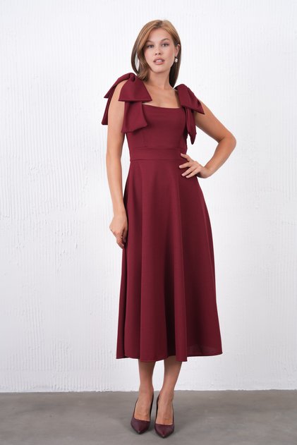 Women's Stretchy Crepe Fabric Tie Strap Strapless Neckline Flared Cut Midi Length Burgundy Dress 77127