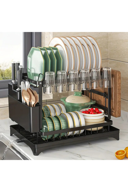 Metal Dish Drying Rack, With 2 Tier, Drainboard Tray, Rust-Resistant, 42x29x29cm, Kitchen Organizer
