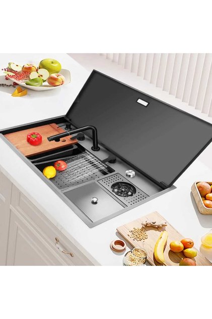 Chiuveta multifunctionala inox, TRENDY’S, gri 90×50 cm, cu capac rabatabil