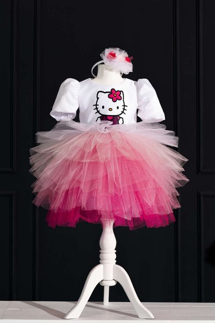 Girl's Hello Kitty Printed White Birthday Dress & Party Costume with Crown Gift!! !