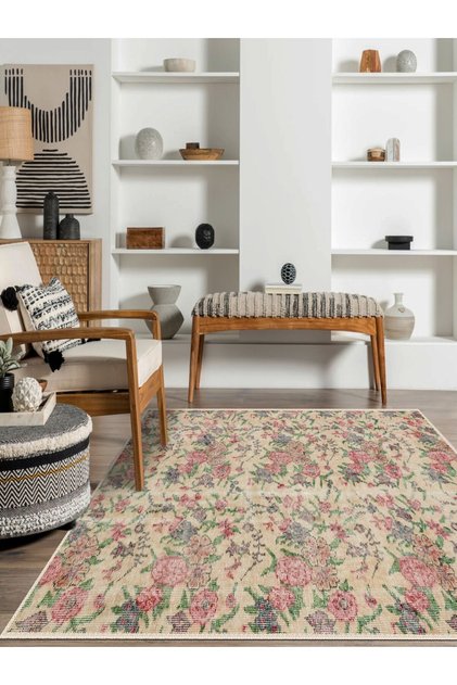 Vitage krem çiçekli eskitme model dokuma taban kilim