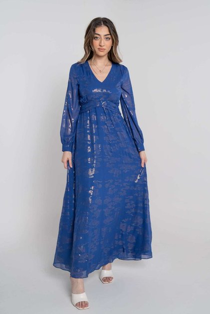 Women's Long Shiny Printed Dress with Long Sleeves and Seven Openings