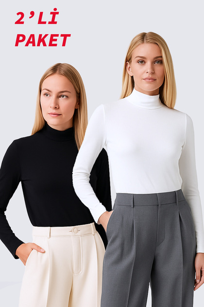 Women's Plus Size Turtleneck Long Sleeve Lycra Combed Cotton Badi - Ecru/Black Set of 2