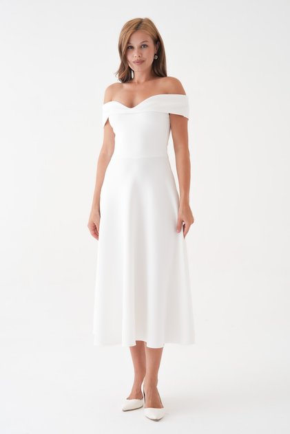 White Stretchy Scuba Fabric Strapless Neckline Flared Cut Midi Dress 77128