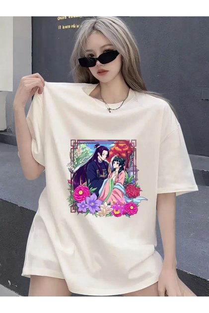Bej Anime Cute Jinshi & Maomao Flowers Баскъли Унисекс Овърсайз Тениска