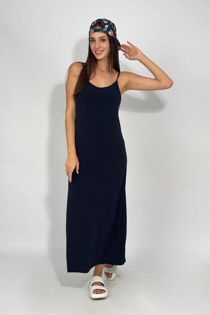 Women's Sandy Fabric Rope Strap Solid Color Fitted/Skin-Fitting Tight Stretchy Comfortable Wrap-Around Long Dress Navy Blue