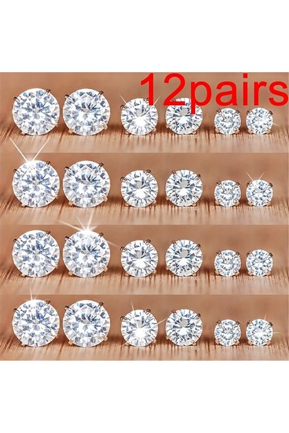 Gold 12 Pairs Eight Claw Glass Water Diamond Earrings, Versatile Flower Artificial Crystal Card Earr