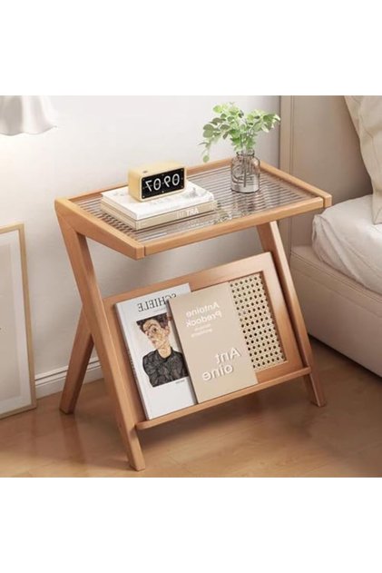 FFD Mid-Century Rattan Side Table with Glass Top & Bamboo Accents