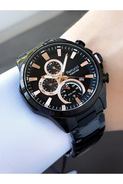 Function Men's Wristwatch – Black Case, Rose Detailed Dual Time Dial, Metal Band with Calendar