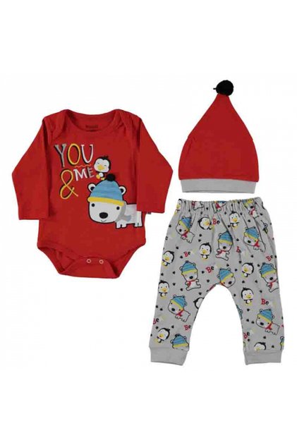 Set body, pantaloni si caciulita You & Me rosu bebelusi bumbac