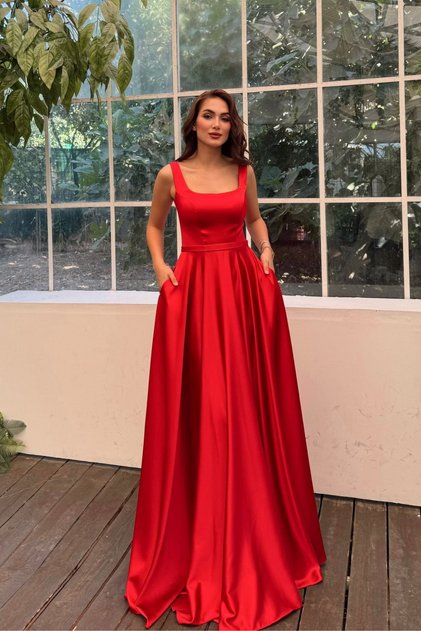 Rosa Kalın Askılı Saten Abiye 1103