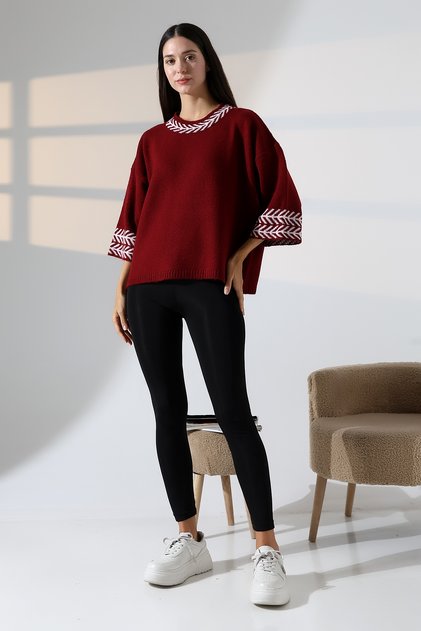 Round-Neck, 3/4-Sleeve, Patterned Jacquard-Paneled, Loose-Fitting, Comfortable, Basic, Chic, and Elegant Knit Sweater