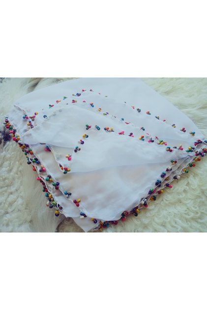 Handmade Wooden Beaded Writing, Cheesecloth Yemeni, Scarf, 4 Sides Embroidered