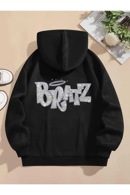 Bratz Back Printed Hooded Pocket Cotton Black Sweatshirt