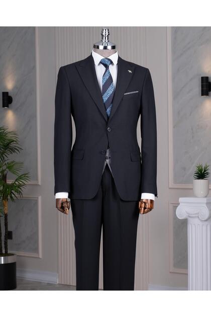 Italian Style S Slim Fit Peaked Lapel Jacket Vest Pants Suit Navy Blue T14288