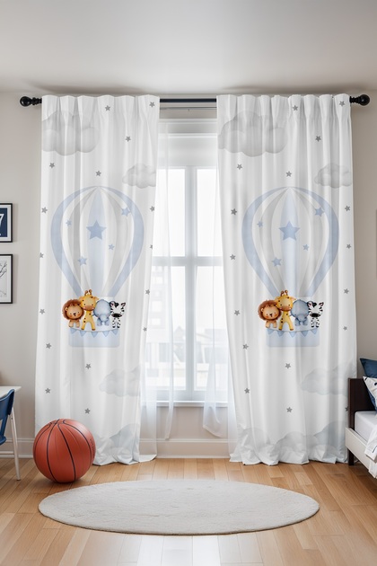 Blue Balloon Flying Animals Patterned Children's Baby Room Background Curtain (Single Wing Pricing)
