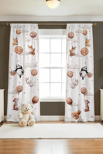 Animals with Flying Balloons Patterned Children's Baby Room Background Curtain (Single Wing Pricing)