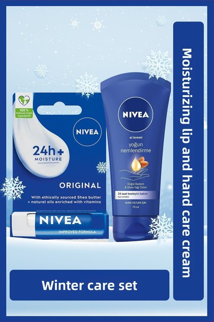 Intensive Moisturizing Hand Care Cream 75ml and Nourishing Colorless Lip Balm, Dry and Cracked Lips