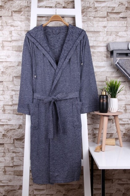 Navy Blue Melange Hooded Dressing Gown