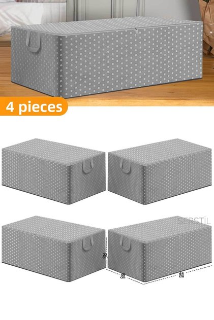 4 Pieces - Gray Spotted Large Size Underbed and Sofa Bed Storage Box 65 X 45 X 22 cm
