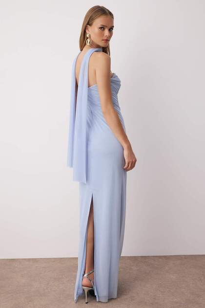 dinner beach dress ZAPAKA Women Strapless White Formal Pleated A Line Chiffon Long Dress with Slit, Dusty Rose / US10 This reversible dress has Blue Floral Pleated Sleeve RL-7.24.24 Size:5x7ft(1.5x2.2m)